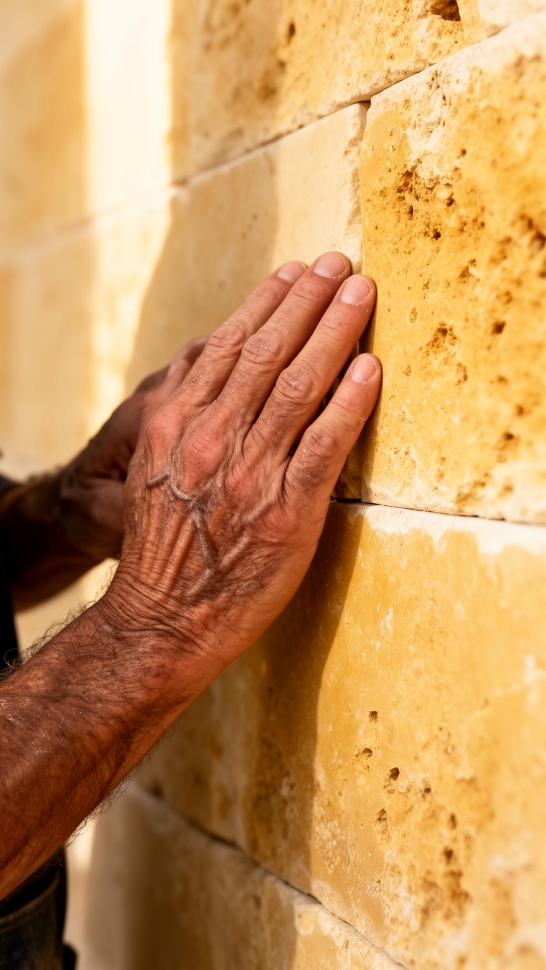 Main d'artisan touchant un mur en pierre calcaire finement taillée