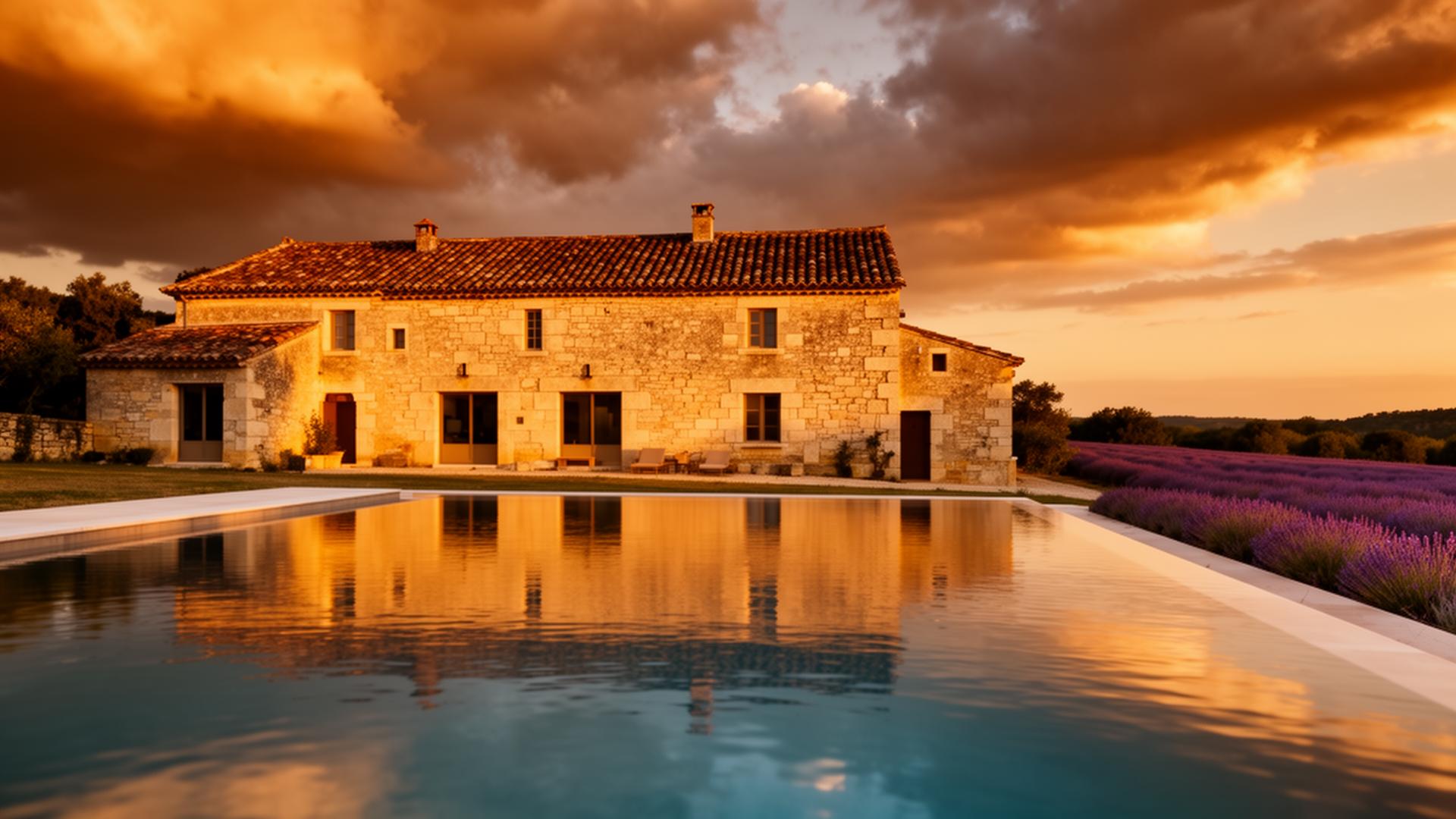 Piscine à débordement intégrée à une bâtisse en pierre du Quercy au coucher du soleil